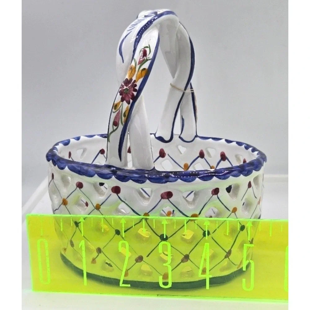 Vintage Portugal Hand Painted Reticulated Ceramic Basket Open Weave Figurine